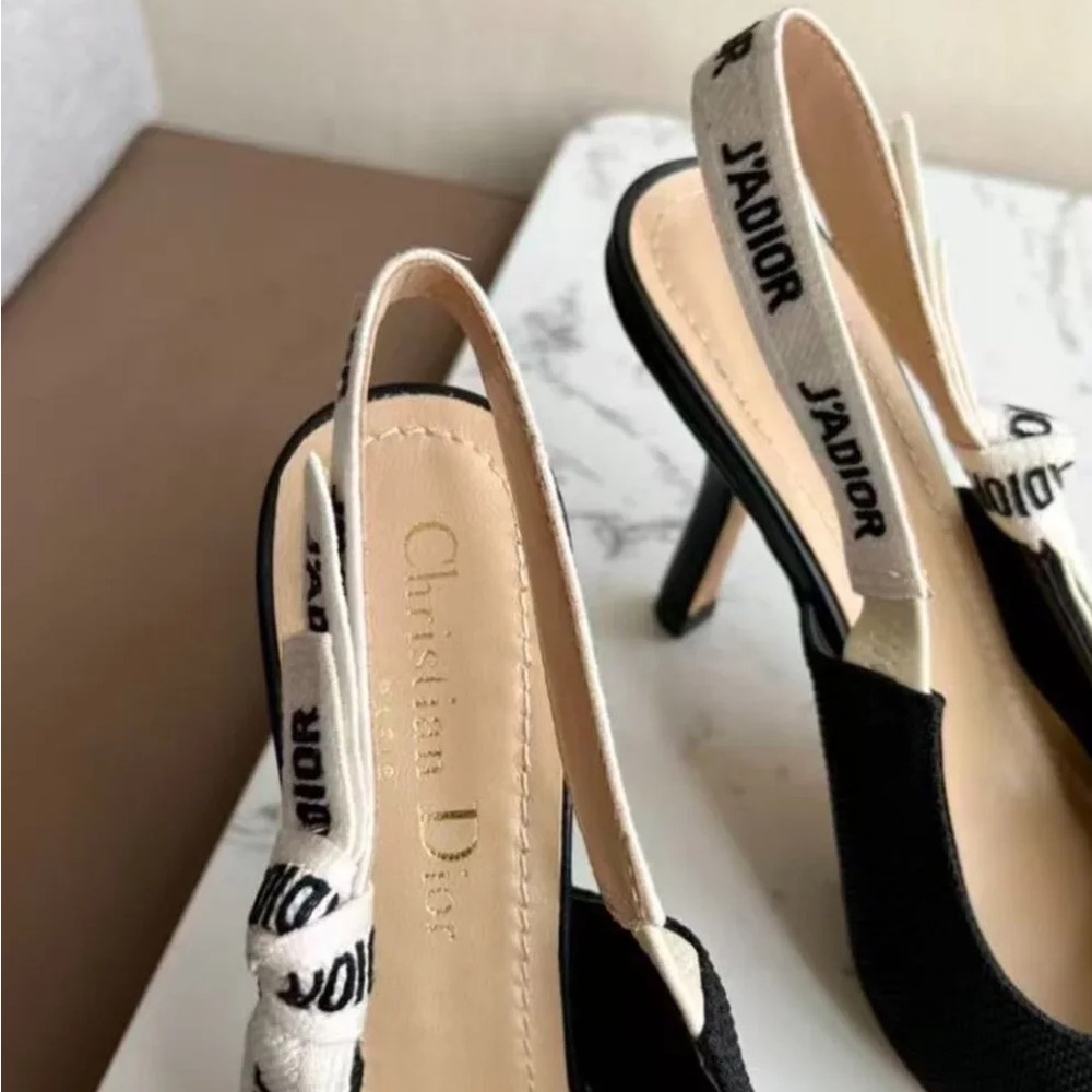 Dior Black Pointed Slingback Heels with White Logo Strap. - Picture 7 of 9